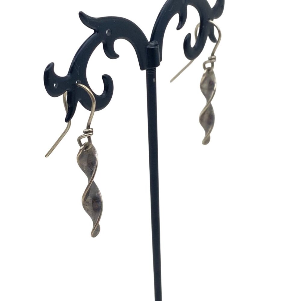 Sterling Silver Twisted Ribbon Dangle Earrings Vintage ROCKy 2.4g 1.5" Estate - Picture 6 of 9